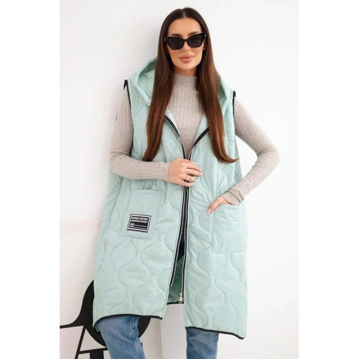 Moteriška Plus Size dygsniuota liemenė su gobtuvu, mėtų spalvos