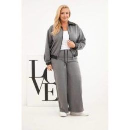 Moteriškas Plus Size komplektas su užtrauktuku ir plačiomis kelnėmis, grafito spalvos