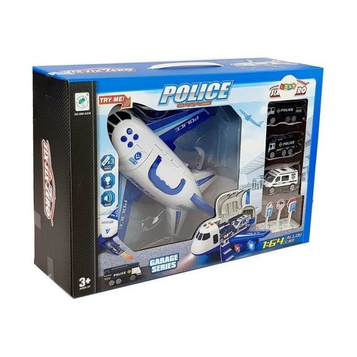 Sulankstomas policijos lėktuvas su automobiliais, 1:64, su šviesomis ir garsais
