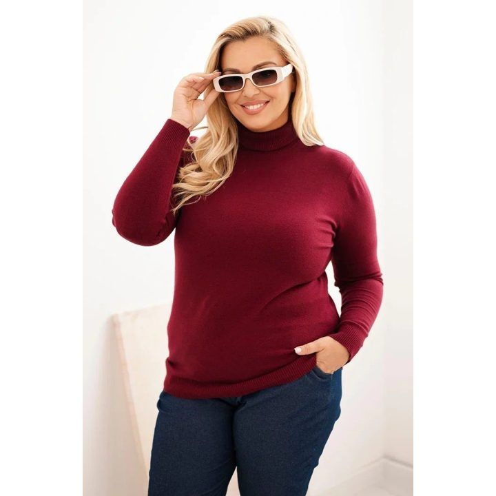 Moteriškas Plus Size viskozinis megztinis su golfu, burgundiškos spalvos