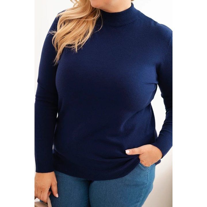 Moteriškas Plus Size megztinis aukštu kaklu, tamsiai mėlynas