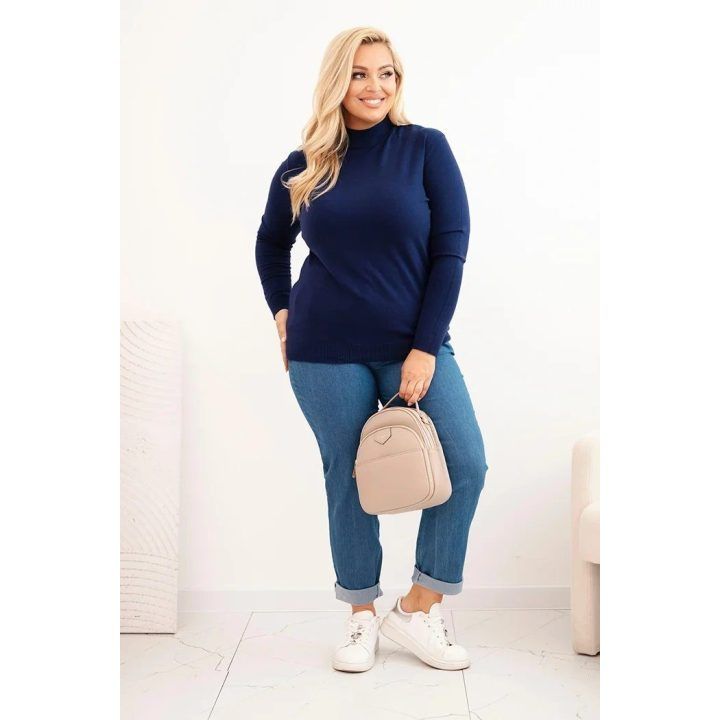 Moteriškas Plus Size megztinis aukštu kaklu, tamsiai mėlynas