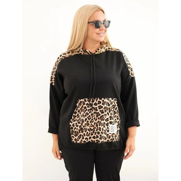 Moteriškas Plus Size džemperis su gobtuvu, juodos spalvos