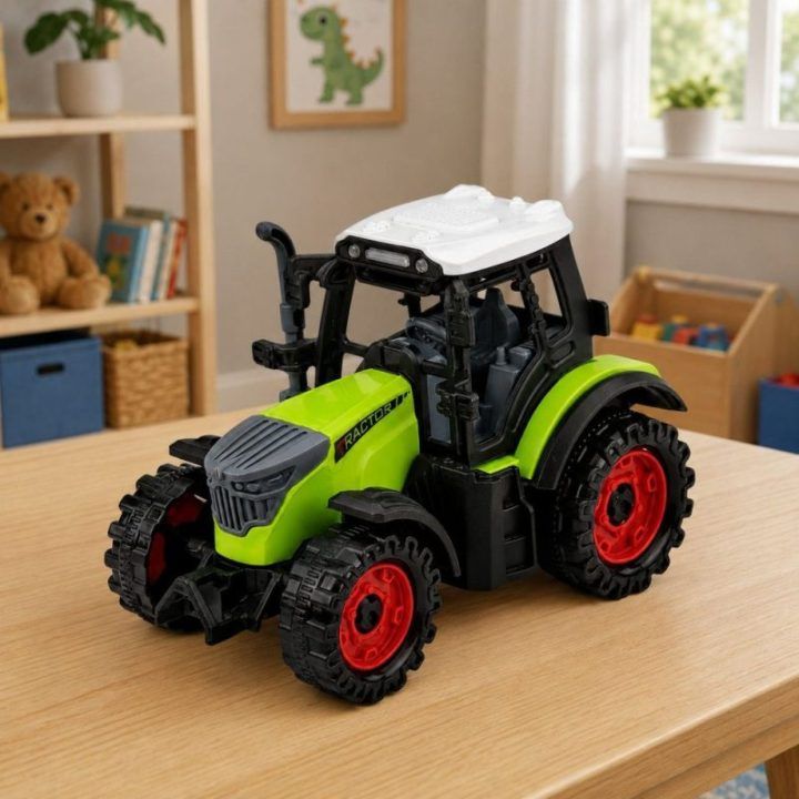Žalias žaislinis traktorius su trinties pavara, 15 cm