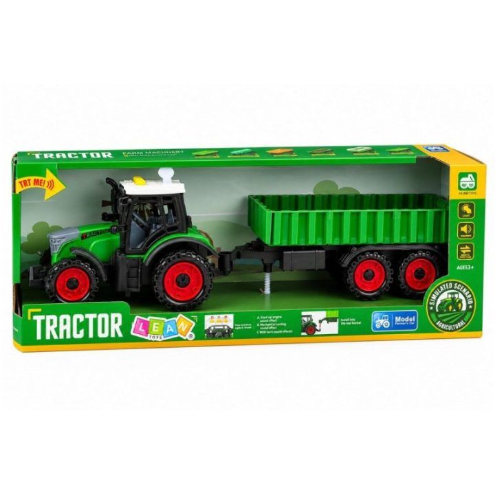 Žaislinis farm traktorius su priekaba, šviesomis ir garsais
