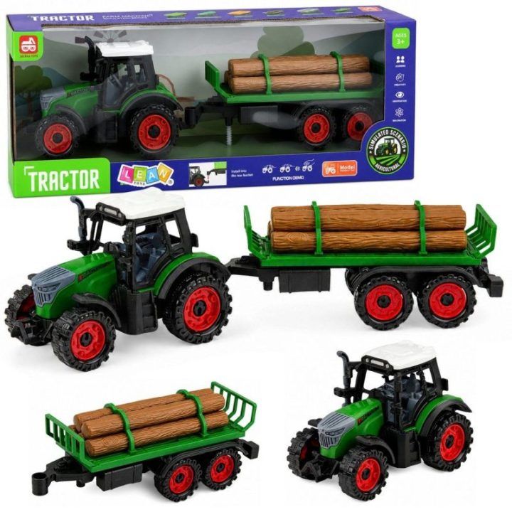 Žaislinis ūkinis traktorius su priekaba medienai, frikcinė pavara, 35 cm
