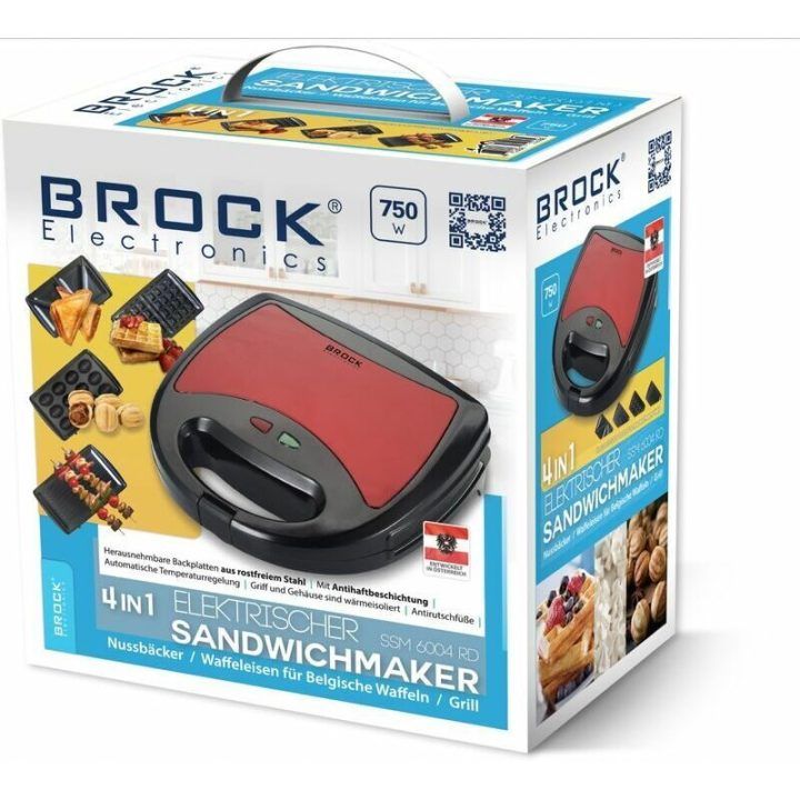 Brock SSM 6004 RD 4 viename sumuštinių ir vaflių keptuvė-grilis, 750 W, raudona