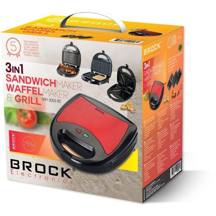 Brock SSM 2003 RD 3in1 sumuštinių keptuvė, vaflinė ir grilis, 750 W, juoda/raudona