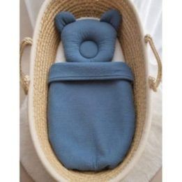 Muslino kūdikio miegmaišis su meškučio pagalve, 2 dalių komplektas, denim blue