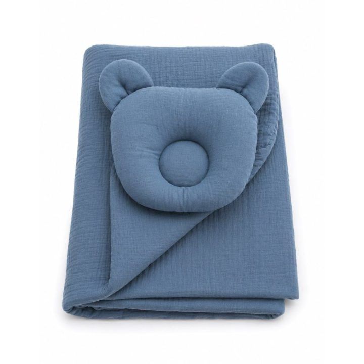 Muslino kūdikio miegmaišis su meškučio pagalve, 2 dalių komplektas, denim blue
