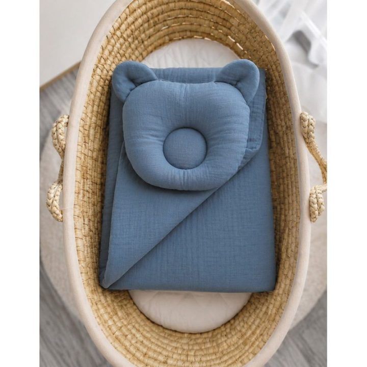 Muslino kūdikio miegmaišis su meškučio pagalve, 2 dalių komplektas, denim blue