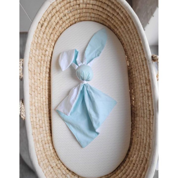Minkštas zuikutis-kramtukas iš medvilnės My Sweet Baby, mėtų ir baltos spalvos