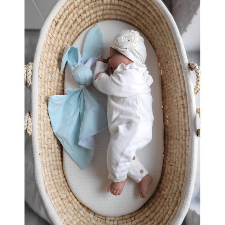 Minkštas zuikutis-kramtukas iš medvilnės My Sweet Baby, mėtų ir baltos spalvos