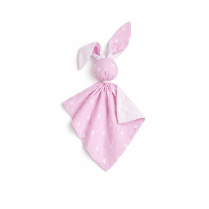 Dvipusis minkštas bunny žaislas iš medvilnės ir minky, rožinės žvaigždutės, baltas