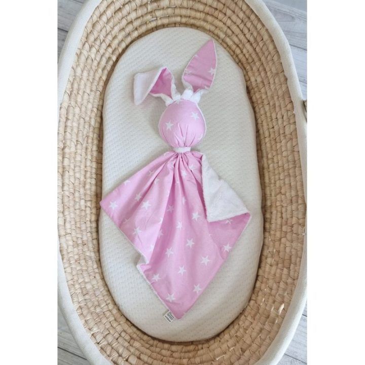 Dvipusis minkštas bunny žaislas iš medvilnės ir minky, rožinės žvaigždutės, baltas