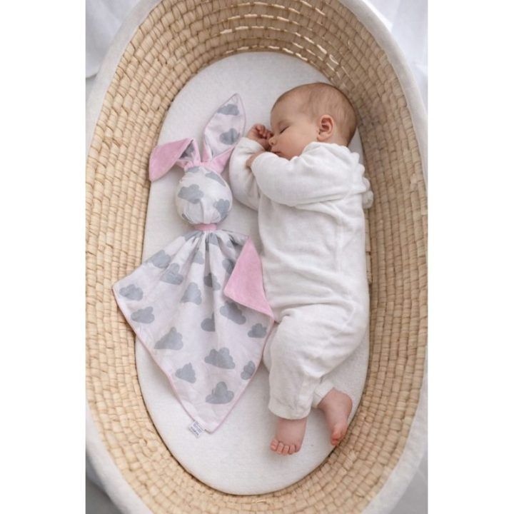 Dvipusis kūdikio migdukas-kiškutis DOUDOU pilki debesėliai, rožinis
