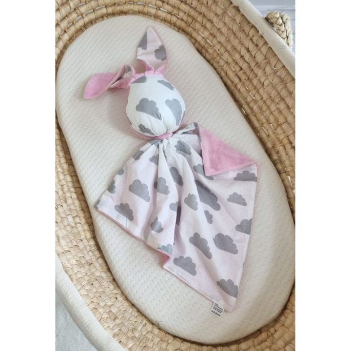 Dvipusis kūdikio migdukas-kiškutis DOUDOU pilki debesėliai, rožinis