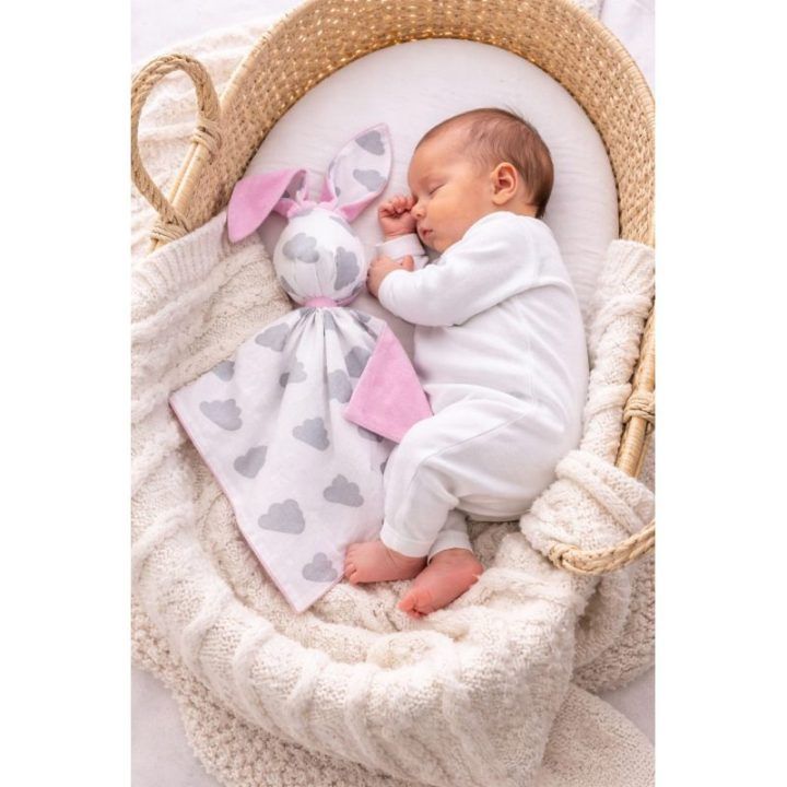Dvipusis kūdikio migdukas-kiškutis DOUDOU pilki debesėliai, rožinis