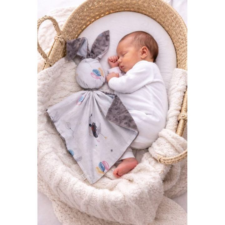 Dvipusis minkštas triušiukas barškutis DOUDOU su balionais, pilkas