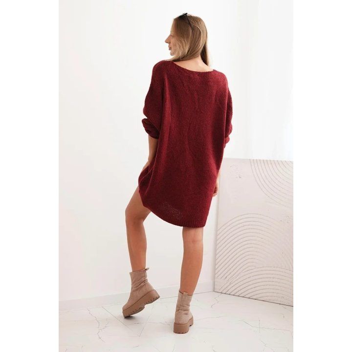 Moteriška Plus Size suknelė su V formos iškirpte, bordo spalvos