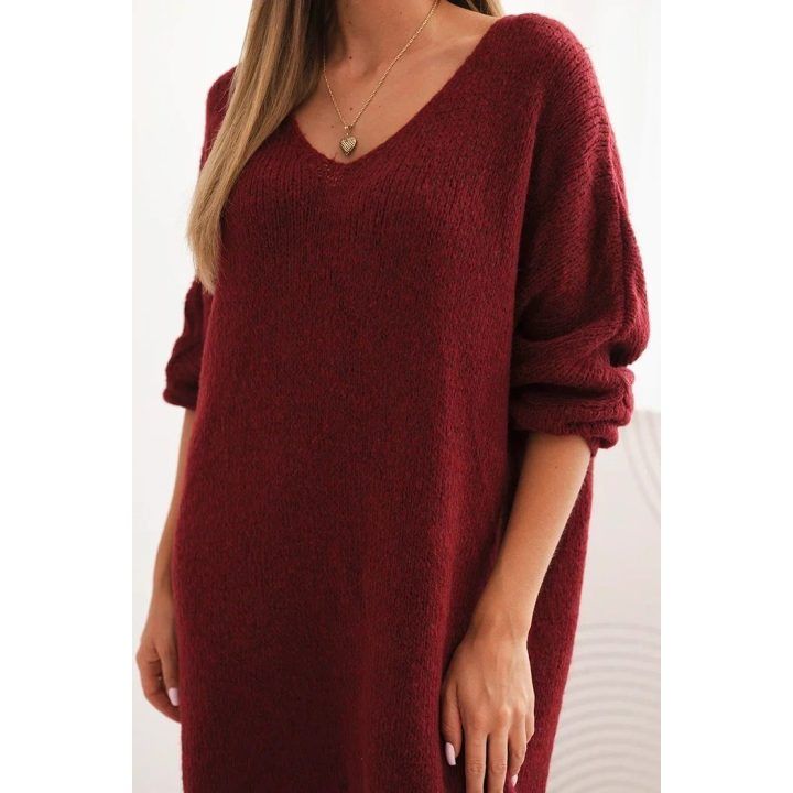 Moteriška Plus Size suknelė su V formos iškirpte, bordo spalvos
