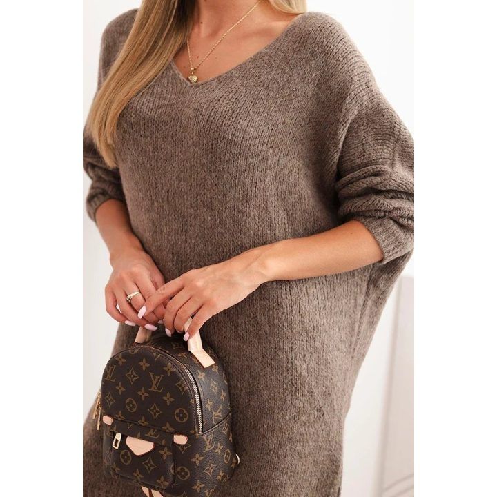 Moteriška Plus Size suknelė su vilna, V formos iškirpte, fango spalvos