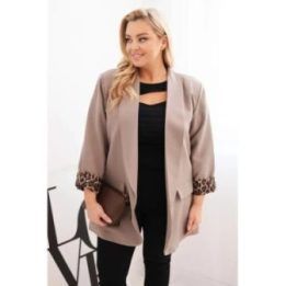 Moteriška Plus Size švarko tipo palaidinė su leopardo rašto pamušalu, kapučino spalvos