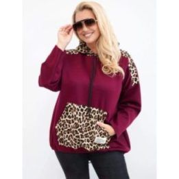 Moteriškas Plus Size džemperis su gobtuvu ir leopardo rašto detalėmis, bordo spalvos