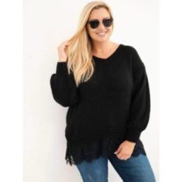 Moteriškas Plus Size megztinis su nėriniuota apačia, juodos spalvos