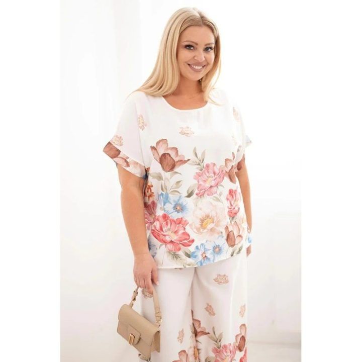 Moteriškas Plus Size komplektas su gėlių raštu, fuksijos spalvos