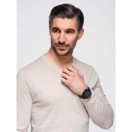 Vyriški kreminiai medvilniniai marškinėliai ilgomis rankovėmis su V formos iškirpte