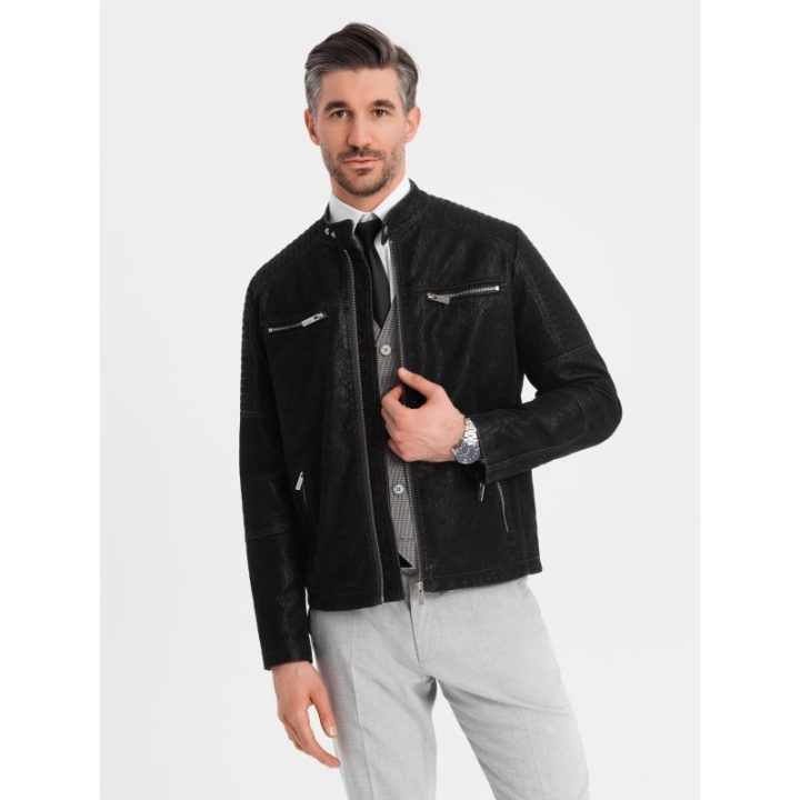 Vyriška juoda retro stiliaus biker striukė su stata apykakle