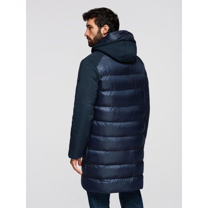 Vyriška tamsiai mėlyna ilga quilted striukė su gaubtuvu