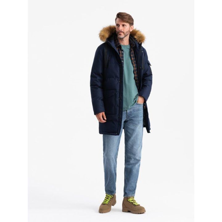 Vyriška tamsiai mėlyna ilga pašiltinta parka su gobtuvu