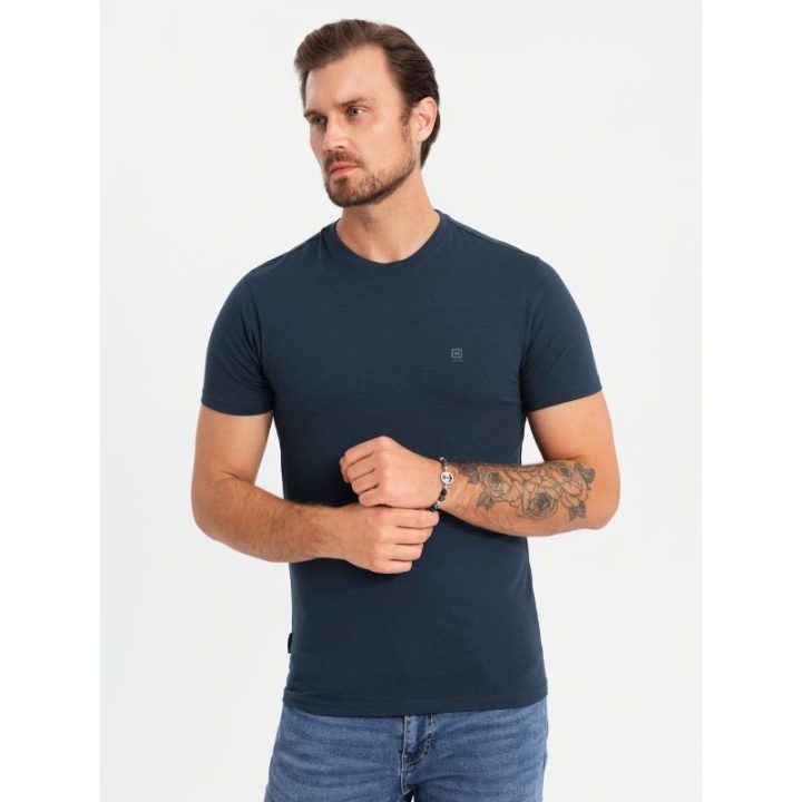 Vyriški tamsiai mėlyni slim fit marškinėliai su apvalia iškirpte