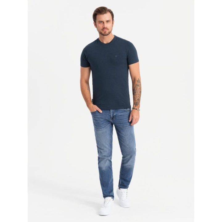 Vyriški tamsiai mėlyni slim fit marškinėliai su apvalia iškirpte
