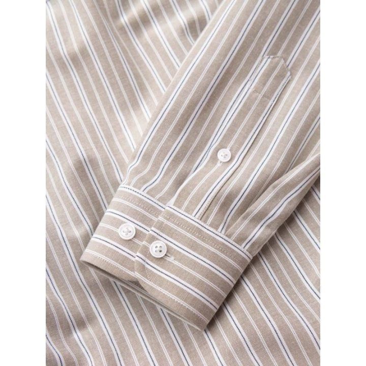Vyriški kreminiai medvilniniai marškiniai ilgomis rankovėmis su vertikaliomis juostomis