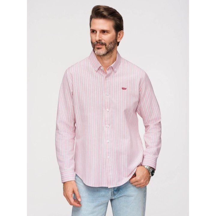 Vyriški rožiniai dryžuoti marškiniai ilgomis rankovėmis