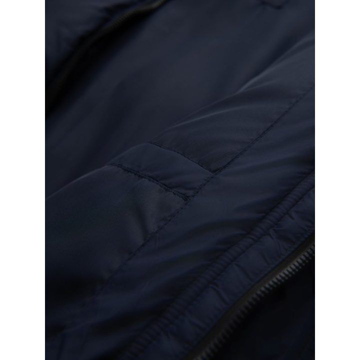 Vyriška tamsiai mėlyna dygsniuota striukė su gobtuvu