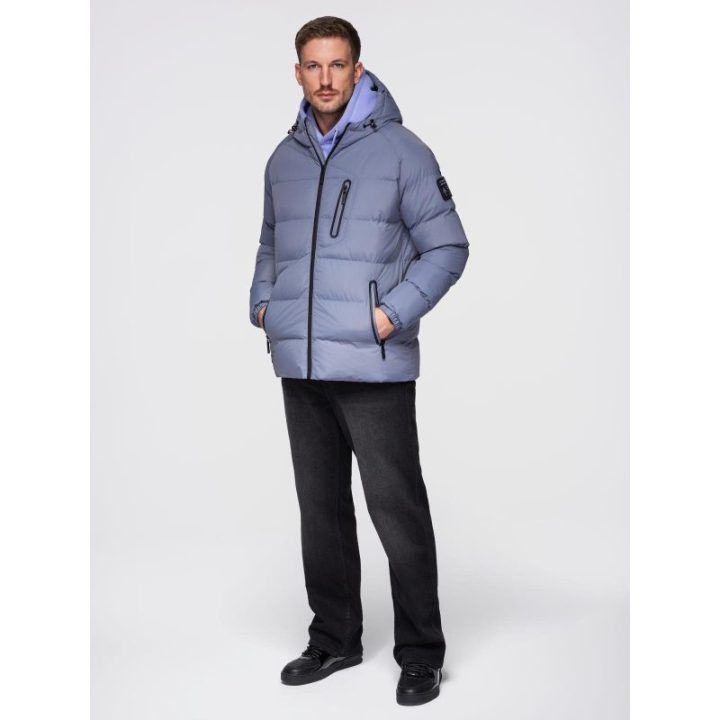 Vyriška pašiltinta puffer striukė su gobtuvu, šviesiai mėlyna