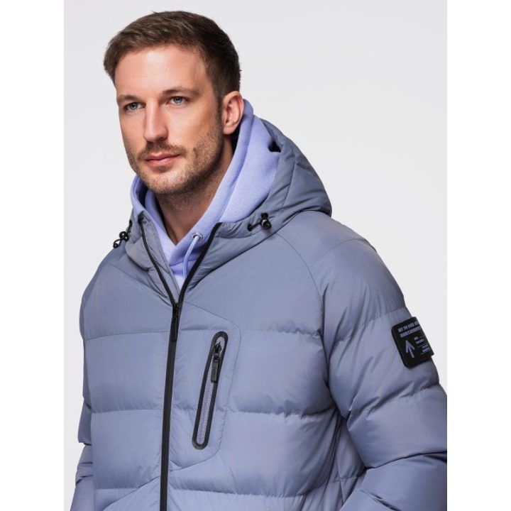 Vyriška pašiltinta puffer striukė su gobtuvu, šviesiai mėlyna