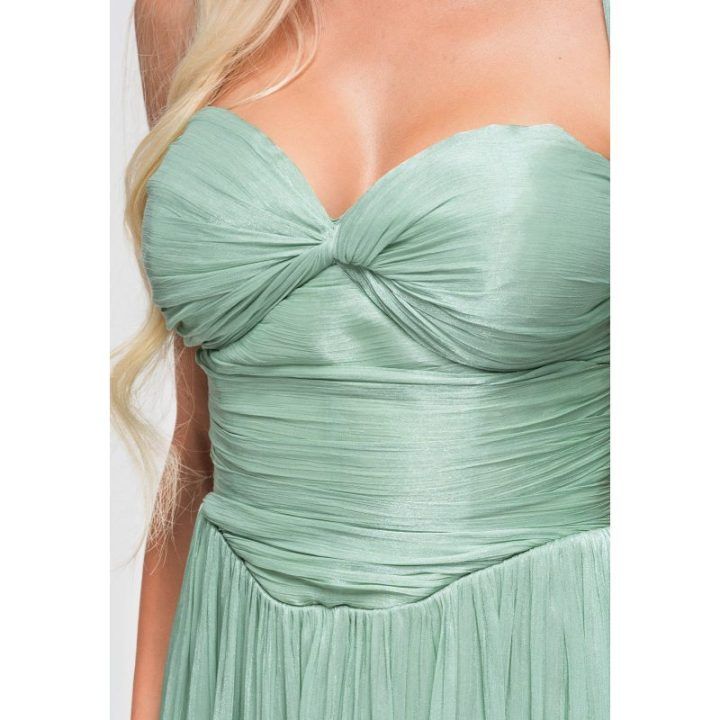 Moteriška šviesiai žalia maksi suknelė su ilgais kaspinais