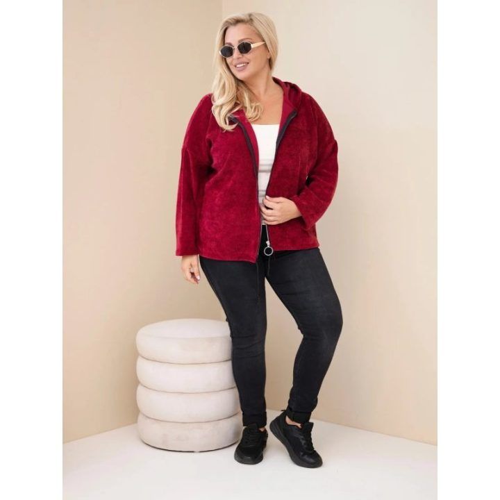 Moteriškas Plus Size džemperis su gobtuvu ir užtrauktuku, bordo spalvos