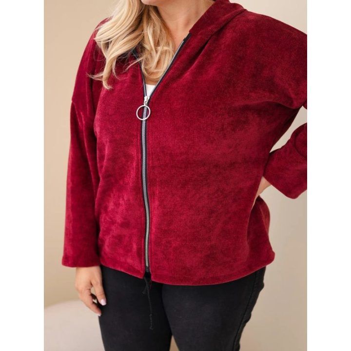 Moteriškas Plus Size džemperis su gobtuvu ir užtrauktuku, bordo spalvos