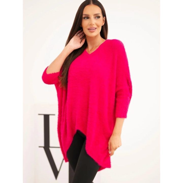 Moteriškas Plus Size megztinis V formos iškirpte, fuksijos spalvos