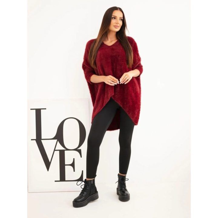 Moteriškas Plus Size megztinis su V formos iškirpte, bordo spalvos