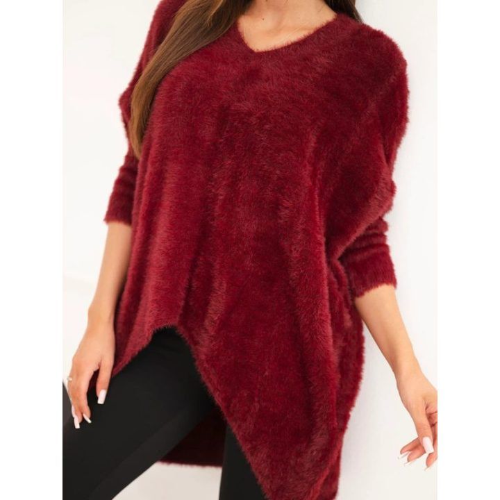 Moteriškas Plus Size megztinis su V formos iškirpte, bordo spalvos