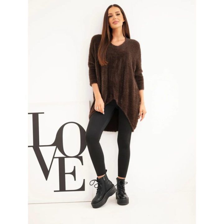 Moteriškas Plus Size megztinis su V formos iškirpte, rudas