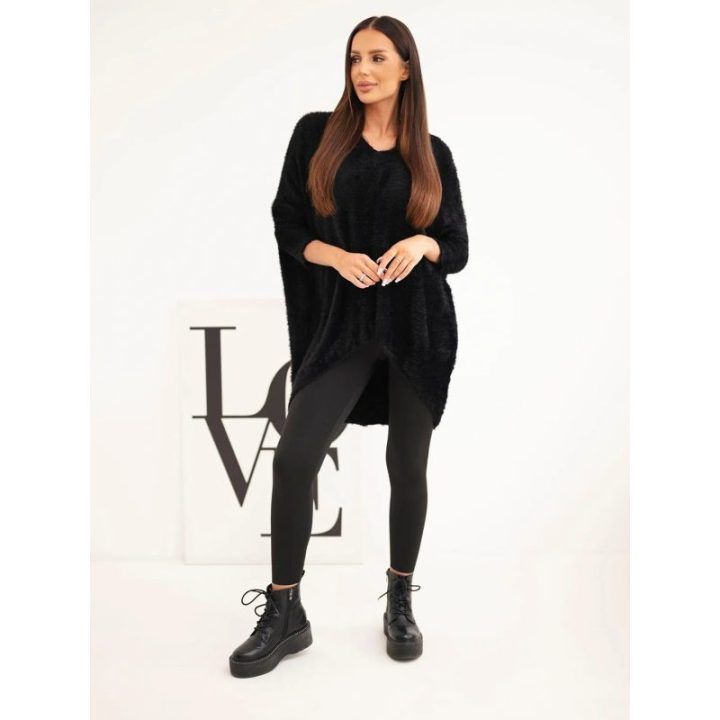 Moteriškas Plus Size megztinis su V iškirpte, juodos spalvos