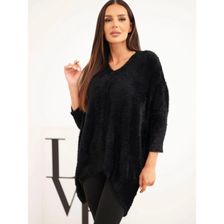 Moteriškas Plus Size megztinis su V iškirpte, juodos spalvos